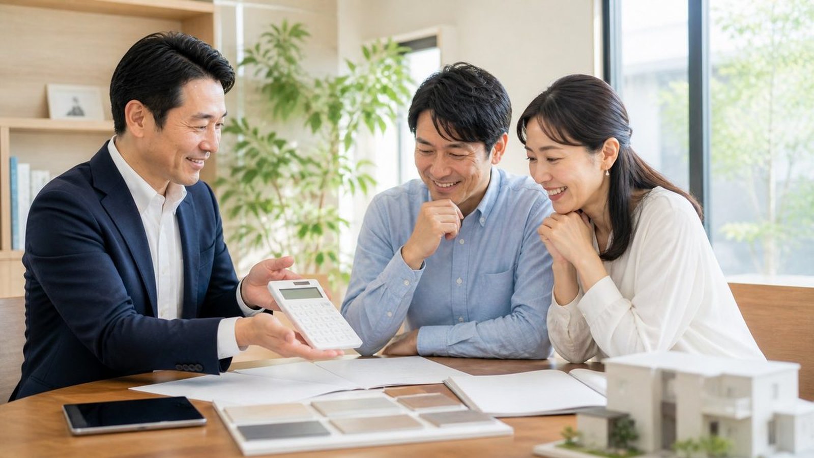 電気料金の検針票を手に持って確認している様子。キッチンカウンター。