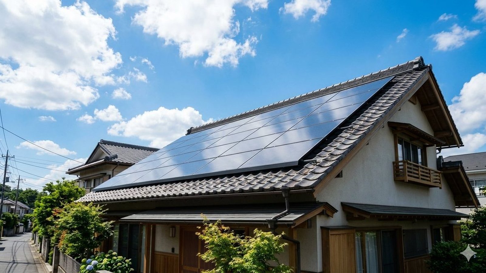 上空から見た日本の住宅街の屋根。さまざまな向きの切妻屋根が並ぶ。