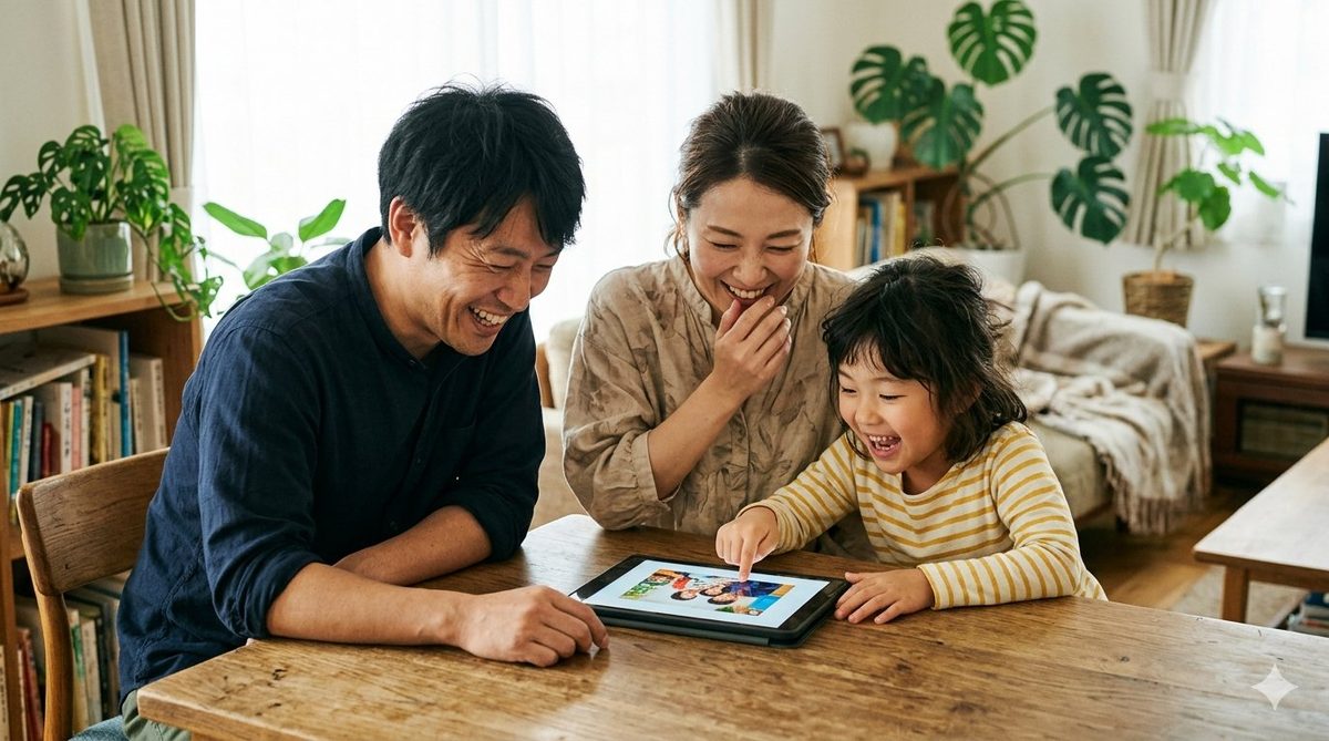 シミュレーション結果を見て驚き喜ぶ日本人家族
